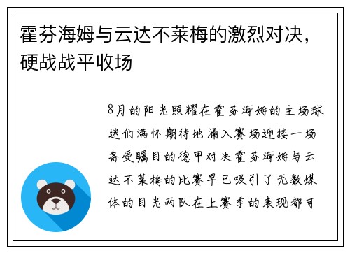 霍芬海姆与云达不莱梅的激烈对决，硬战战平收场