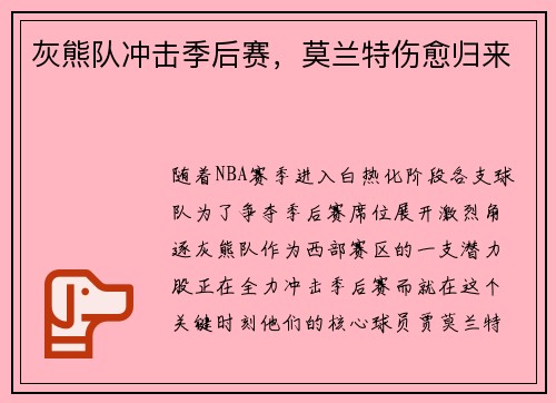 灰熊队冲击季后赛，莫兰特伤愈归来